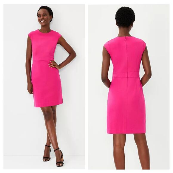Ann Taylor Cap Sleeve Flare Sheath Dress Sz 4 Magenta Fuschia Pink Back Zip NEW - Picture 1 of 16